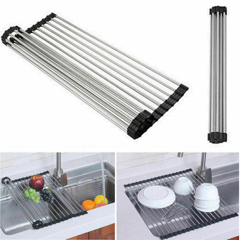 Kitchen Stainless Steel Sink Drain Rack Roll Up Dish Drying Drainer Mat