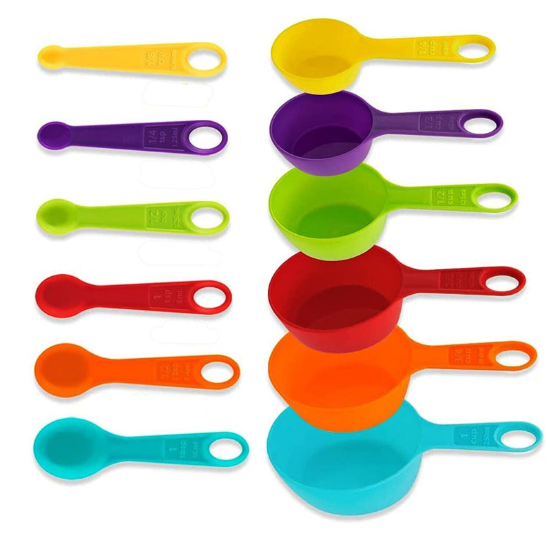 Multi-Color Measuring Cups And Spoons 12 Piece Set Plastic Cooking Kitchen Tools